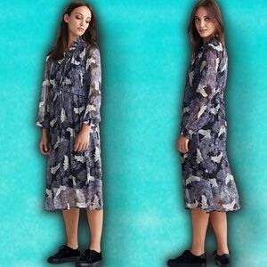 NWOT Ellos Navy Blue & Purple Oriental Flying Crane Ruffle-neck Dress Size 24